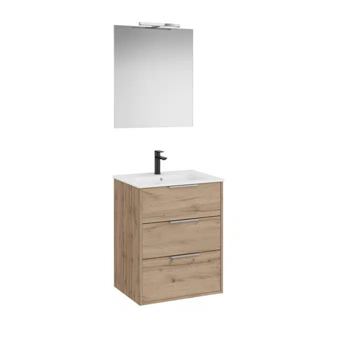 Optica Pack - Base unit with three drawers , ceramic basin, mirror and LED spotlight