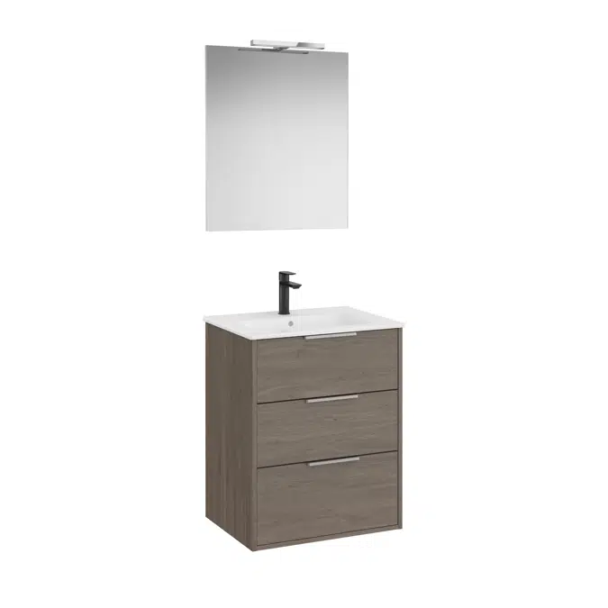 Optica Pack - Base unit with three drawers , ceramic basin, mirror and LED spotlight