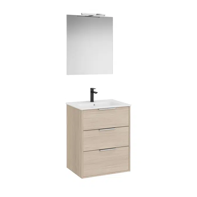 Optica Pack - Base unit with three drawers , ceramic basin, mirror and LED spotlight