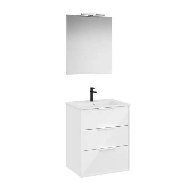 Optica Pack - Base unit with three drawers , ceramic basin, mirror and LED spotlight