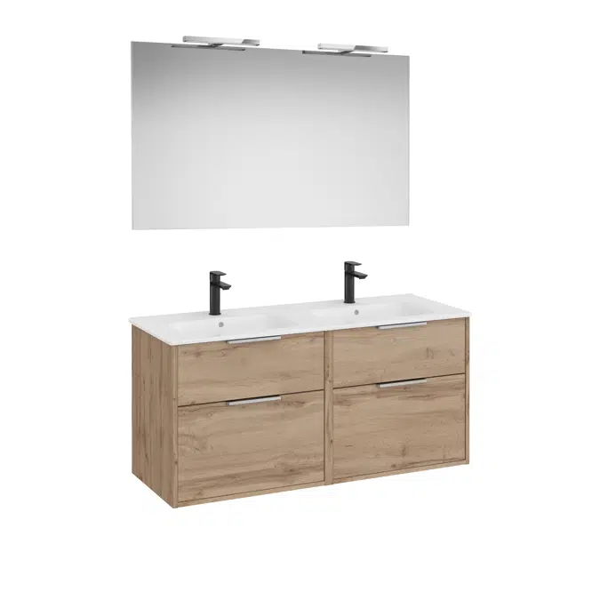 Optica Pack - Base unit with four drawers , double ceramic basin, mirror and LED spotlight