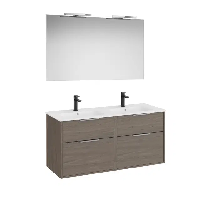 Optica Pack - Base unit with four drawers , double ceramic basin, mirror and LED spotlight