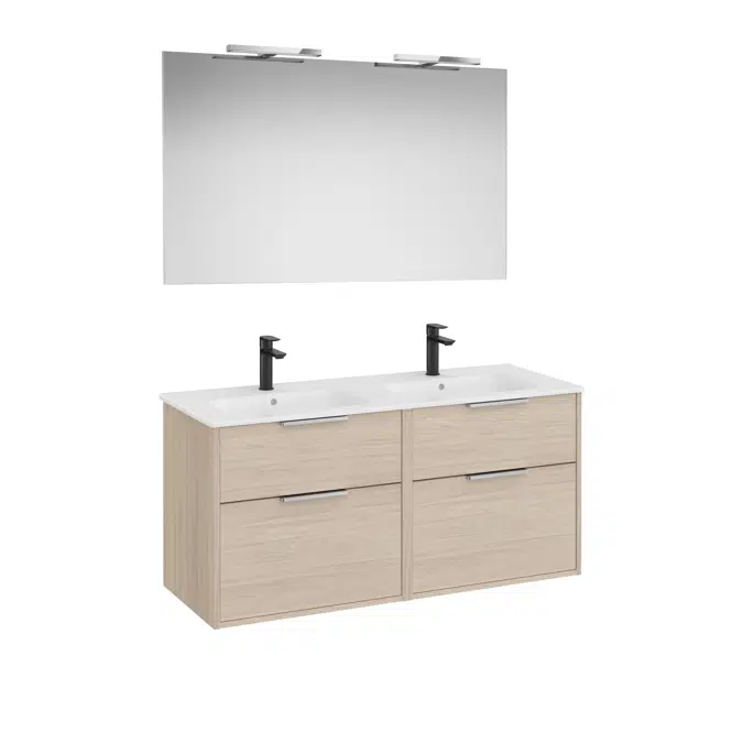 Optica Pack - Base unit with four drawers , double ceramic basin, mirror and LED spotlight