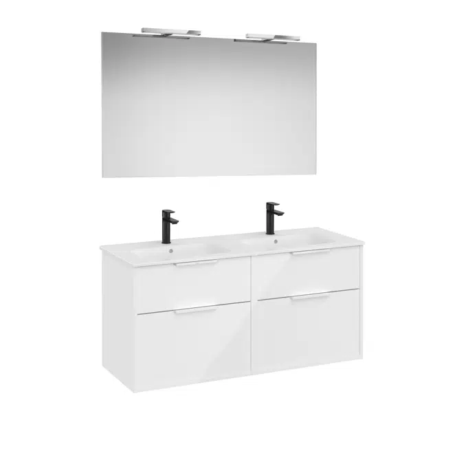 Optica Pack - Base unit with four drawers , double ceramic basin, mirror and LED spotlight