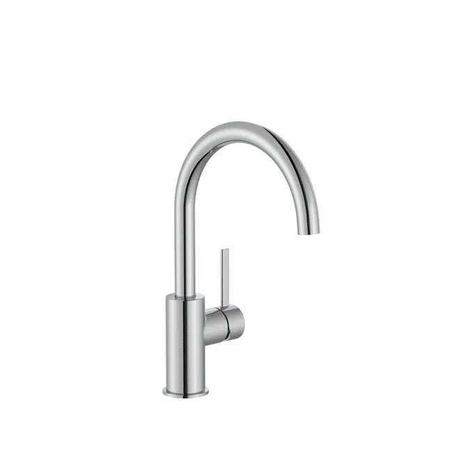 Ona Basin mixer with lateral handle, smooth body, click-clack waste and flexible supply hoses. Cold Start. L-Size