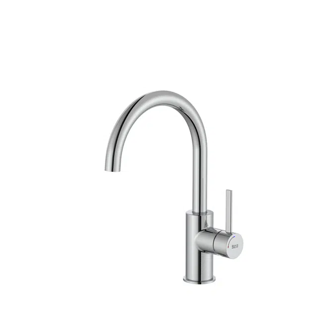 Ona Basin mixer with lateral handle, smooth body, click-clack waste and flexible supply hoses. Cold Start. L-Size