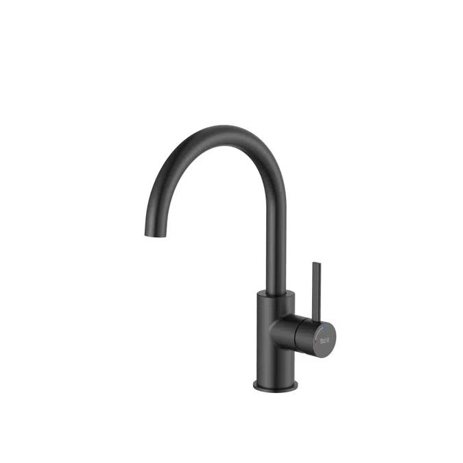 Ona Basin mixer with lateral handle, smooth body, click-clack waste and flexible supply hoses. Cold Start. L-Size