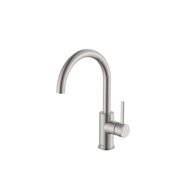 Ona Basin mixer with lateral handle, smooth body, click-clack waste and flexible supply hoses. Cold Start. L-Size