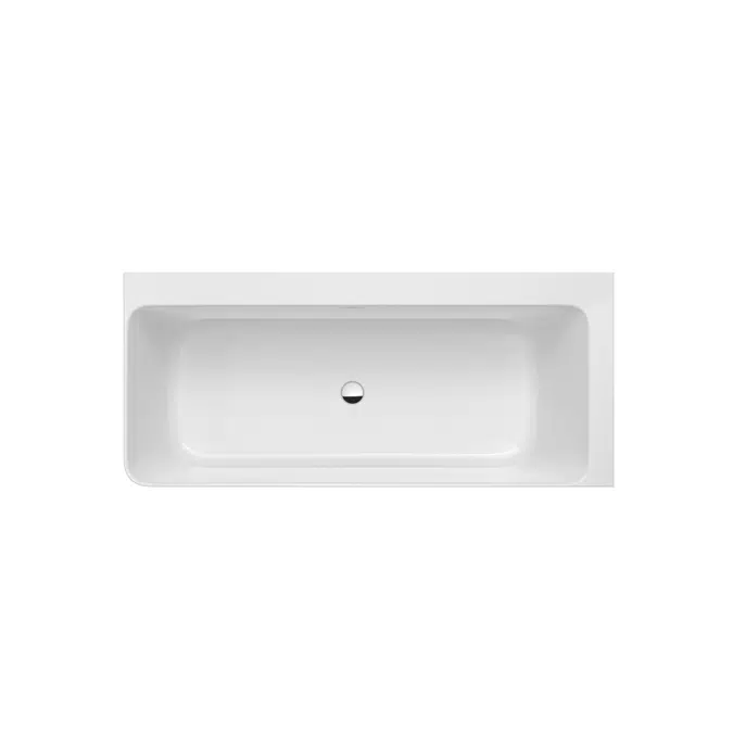 ONA Asymmetric right corner bathtub with panels. Made of Stonex. Includes click-clack drain, trap and integrated overflow.