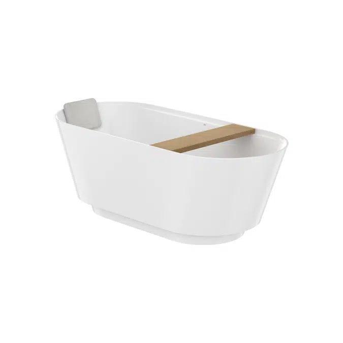 Stonex® oval bathtub with click-clack waste, trap and integrated overflow and wooden tray