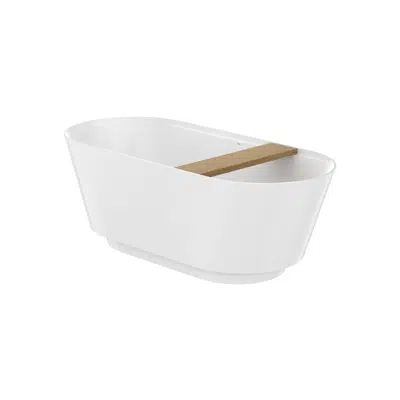 Stonex® oval bathtub with click-clack waste, trap and integrated overflow, wooden tray and LED strip light图像