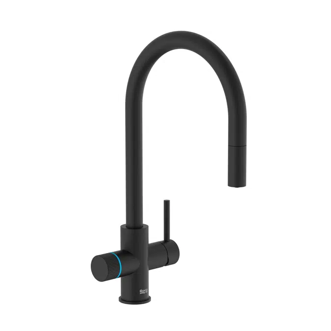 Aquafy - Kitchen sink mixer with  2 ways for filtered water and tap water, retractable swivel spout, rinse spray function and flexible supply hoses. Cold Start