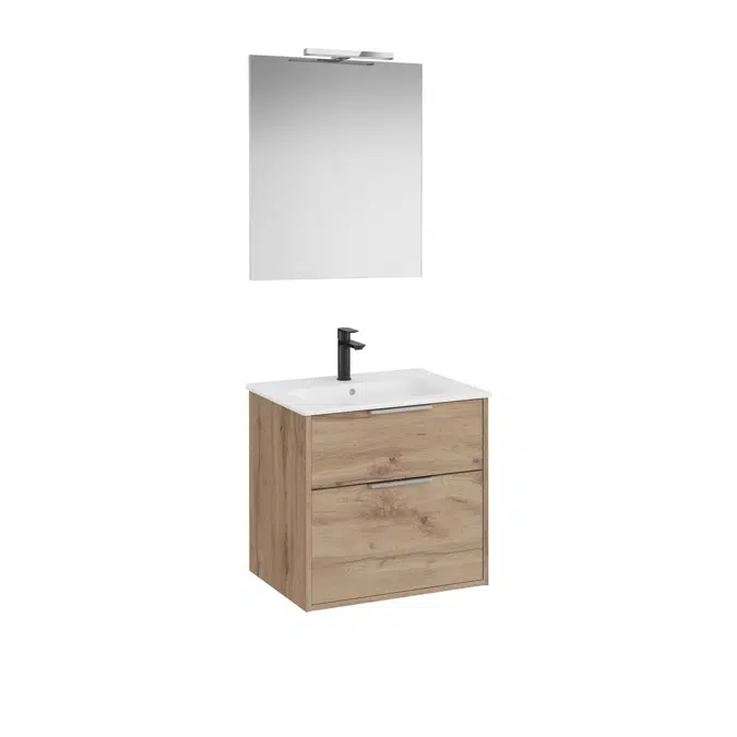 Optica Pack - Base unit with two drawers , ceramic basin, mirror and LED spotlight