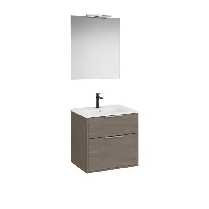 Optica Pack - Base unit with two drawers , ceramic basin, mirror and LED spotlight