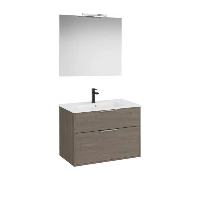 Optica Pack - Base unit with two drawers , ceramic basin, mirror and LED spotlight