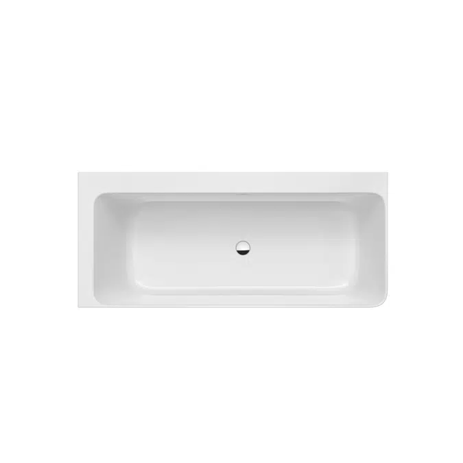 ONA Asymmetric left corner bathtub with panels. Made of Stonex. Includes click-clack drain, trap and integrated overflow.