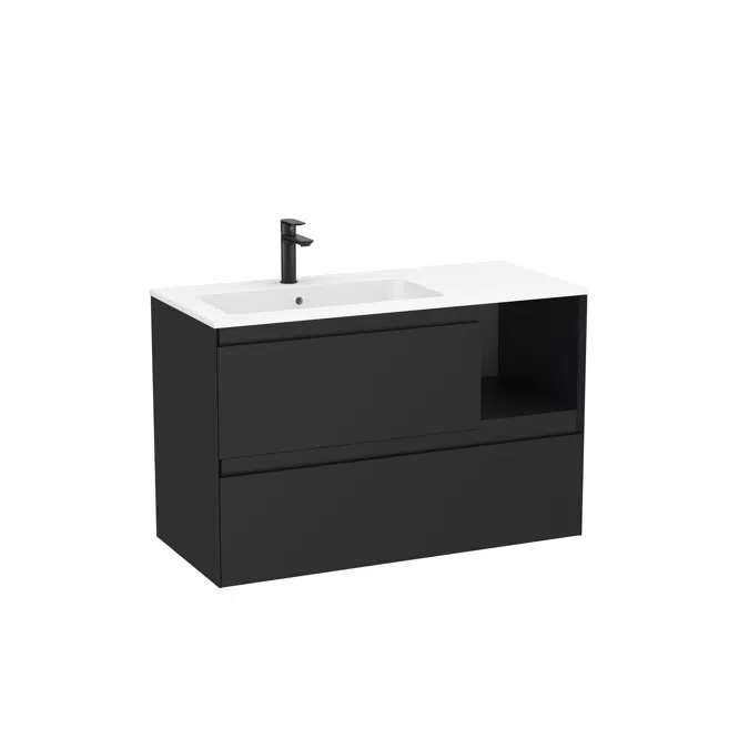 Tenue Unik (base unit with two drawers, one open module and Stonex® basin in matt white finish on the left)