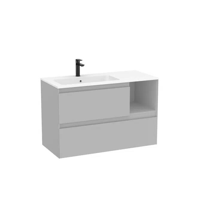 Tenue Unik (base unit with two drawers, one open module and Stonex® basin in matt white finish on the left)