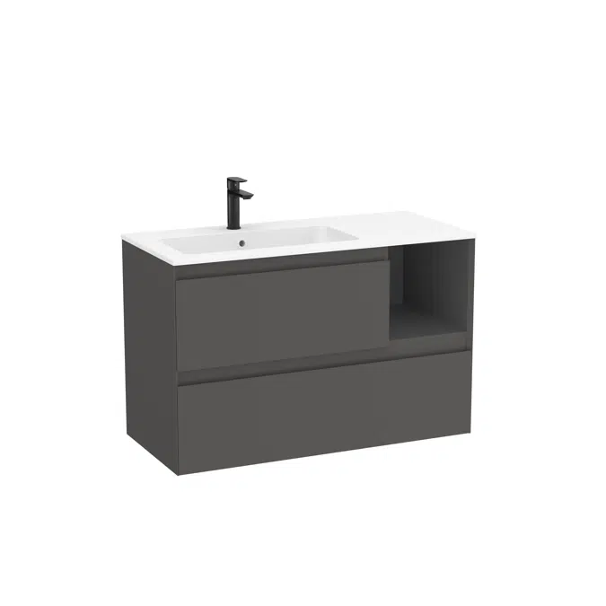 Tenue Unik (base unit with two drawers, one open module and Stonex® basin in matt white finish on the left)