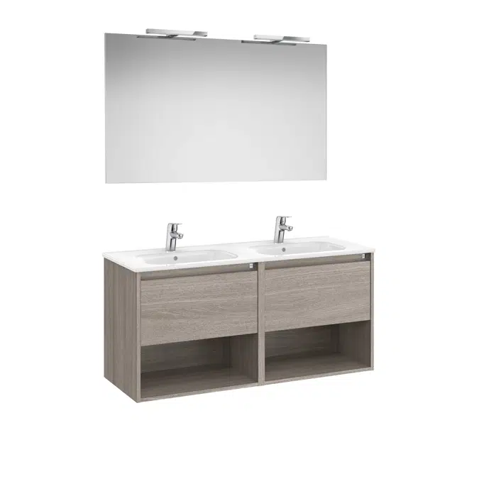 Tenor  Pack - base unit with two drawers, bottom shelves, double basin, mirror and LED spotlight