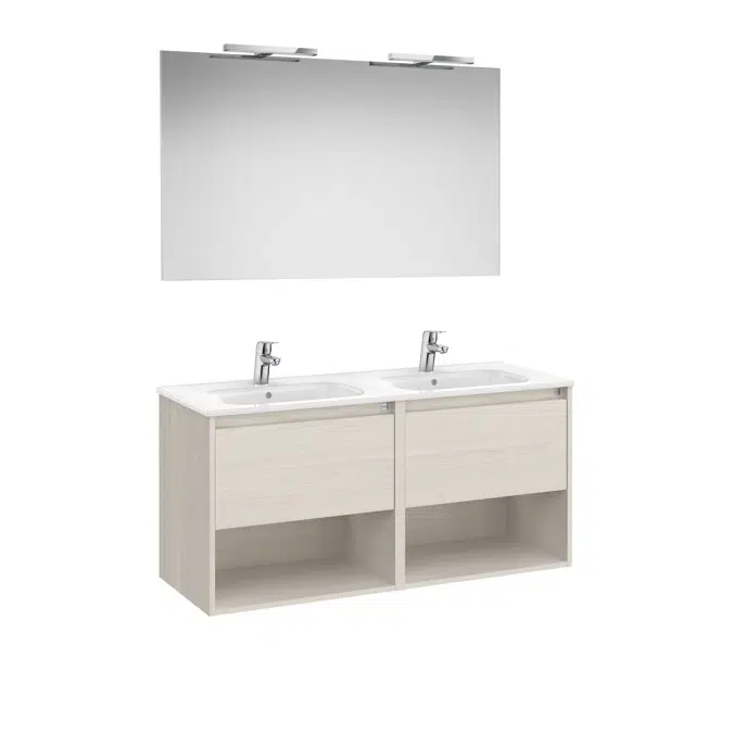 Tenor  Pack - base unit with two drawers, bottom shelves, double basin, mirror and LED spotlight