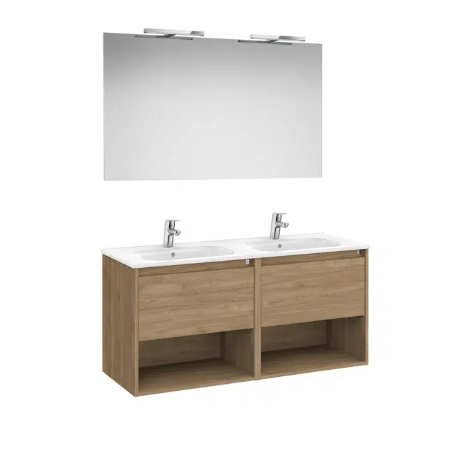 Tenor  Pack - base unit with two drawers, bottom shelves, double basin, mirror and LED spotlight