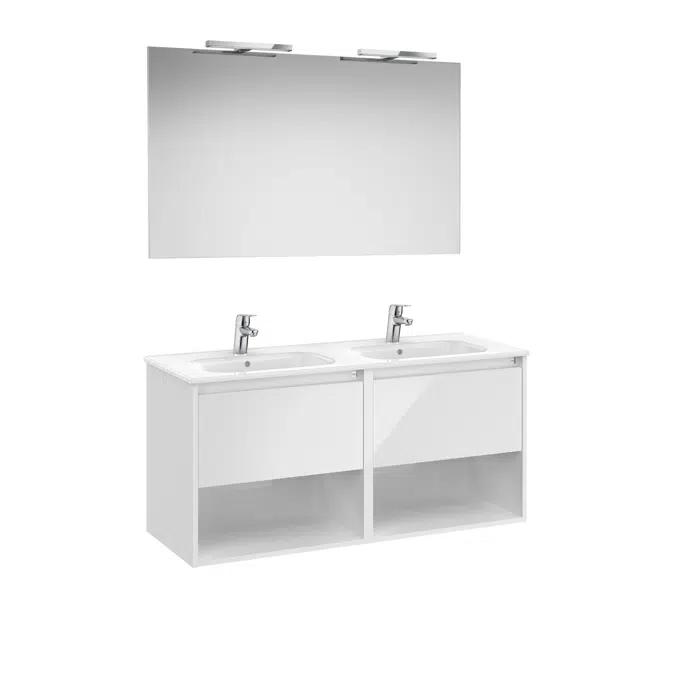 Tenor  Pack - base unit with two drawers, bottom shelves, double basin, mirror and LED spotlight