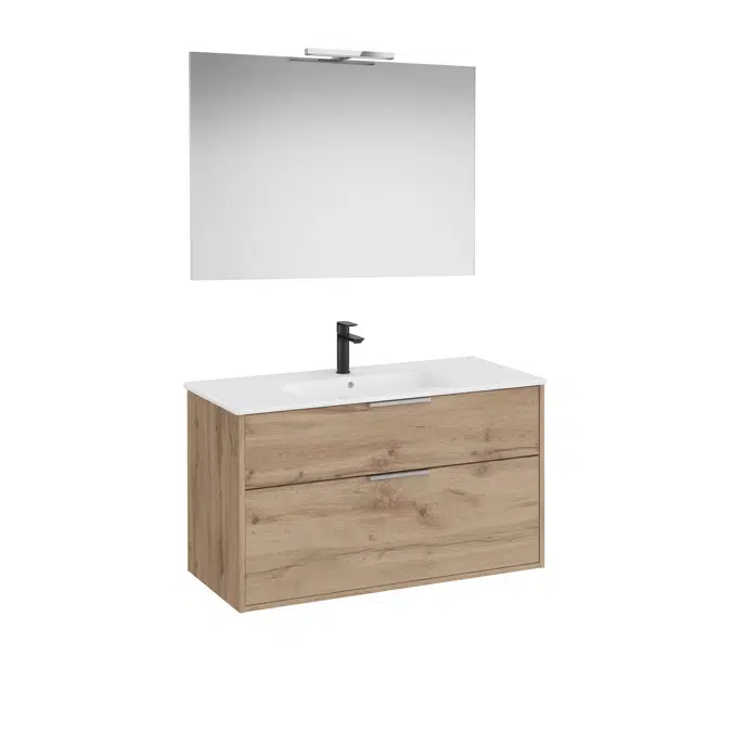 Optica Pack - Base unit with two drawers, ceramic basin, mirror and LED spotlight