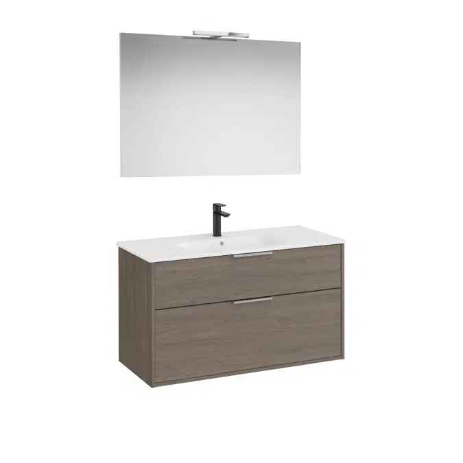Optica Pack - Base unit with two drawers, ceramic basin, mirror and LED spotlight