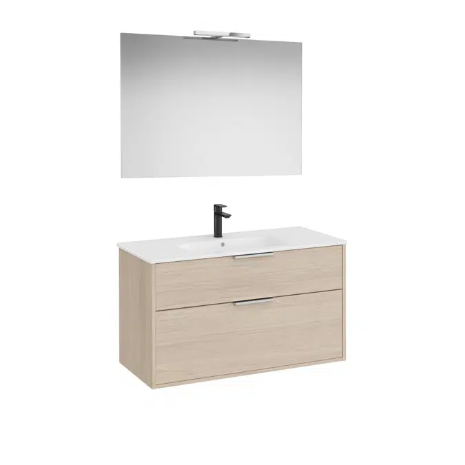 Optica Pack - Base unit with two drawers, ceramic basin, mirror and LED spotlight