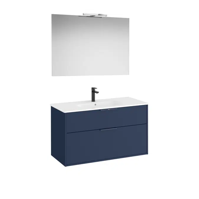 Optica Pack - Base unit with two drawers, ceramic basin, mirror and LED spotlight