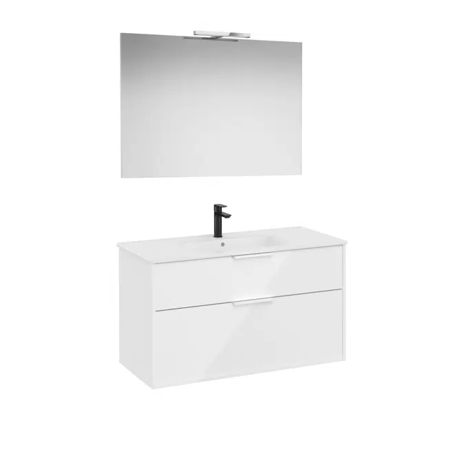 Optica Pack - Base unit with two drawers, ceramic basin, mirror and LED spotlight