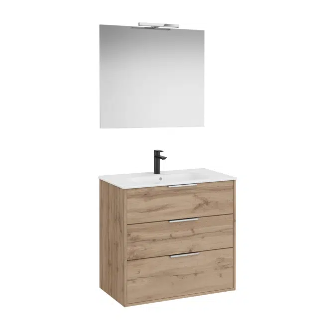 Optica Pack - Base unit with three drawers , ceramic basin, mirror and LED spotlight