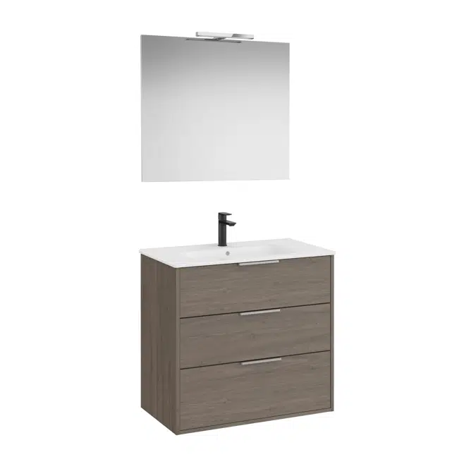 Optica Pack - Base unit with three drawers , ceramic basin, mirror and LED spotlight