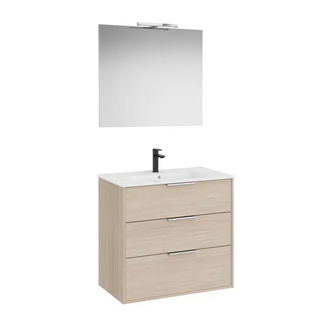 Optica Pack - Base unit with three drawers , ceramic basin, mirror and LED spotlight