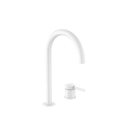 Image for Ona Basin mixer with deck-mounted lateral handle and smooth body, click-clack waste and flexible supply hoses. L-Size