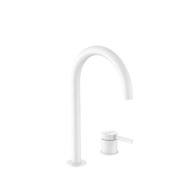 Ona Basin mixer with deck-mounted lateral handle and smooth body, click-clack waste and flexible supply hoses. L-Size