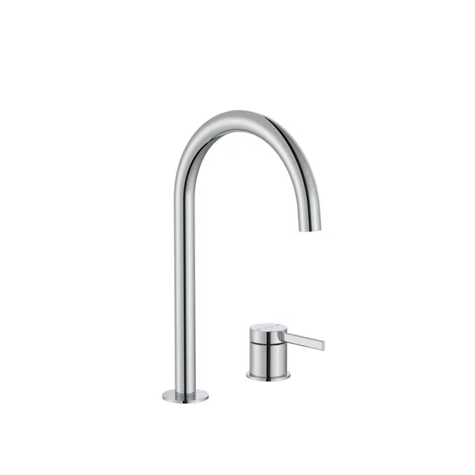 Ona Basin mixer with deck-mounted lateral handle and smooth body, click-clack waste and flexible supply hoses. L-Size