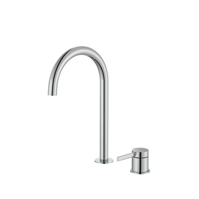 Ona Basin mixer with deck-mounted lateral handle and smooth body, click-clack waste and flexible supply hoses. L-Size