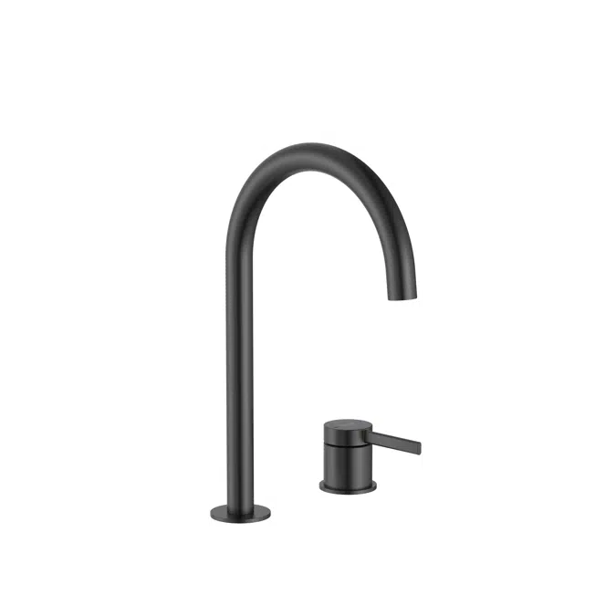 Ona Basin mixer with deck-mounted lateral handle and smooth body, click-clack waste and flexible supply hoses. L-Size