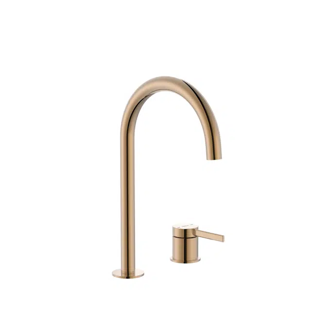 Ona Basin mixer with deck-mounted lateral handle and smooth body, click-clack waste and flexible supply hoses. L-Size