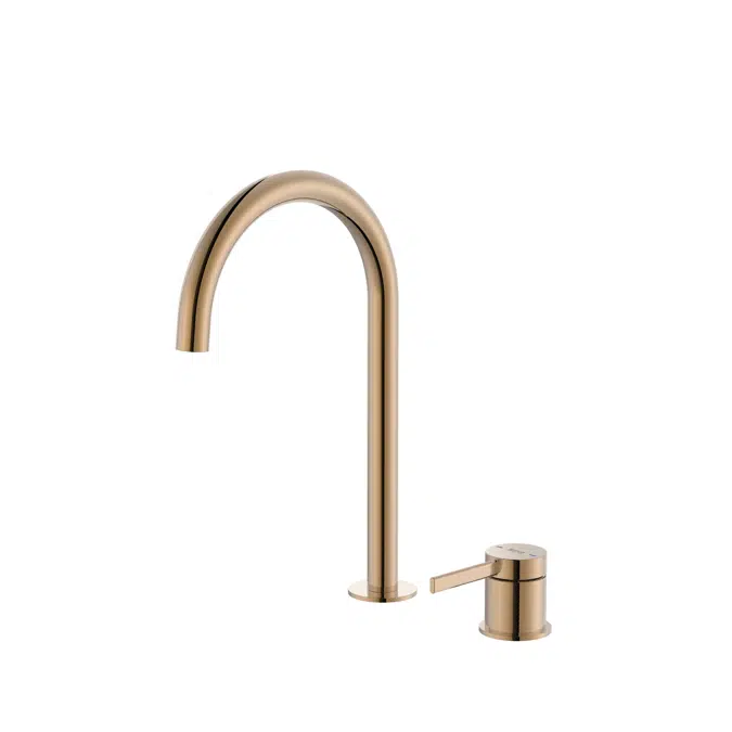 Ona Basin mixer with deck-mounted lateral handle and smooth body, click-clack waste and flexible supply hoses. L-Size