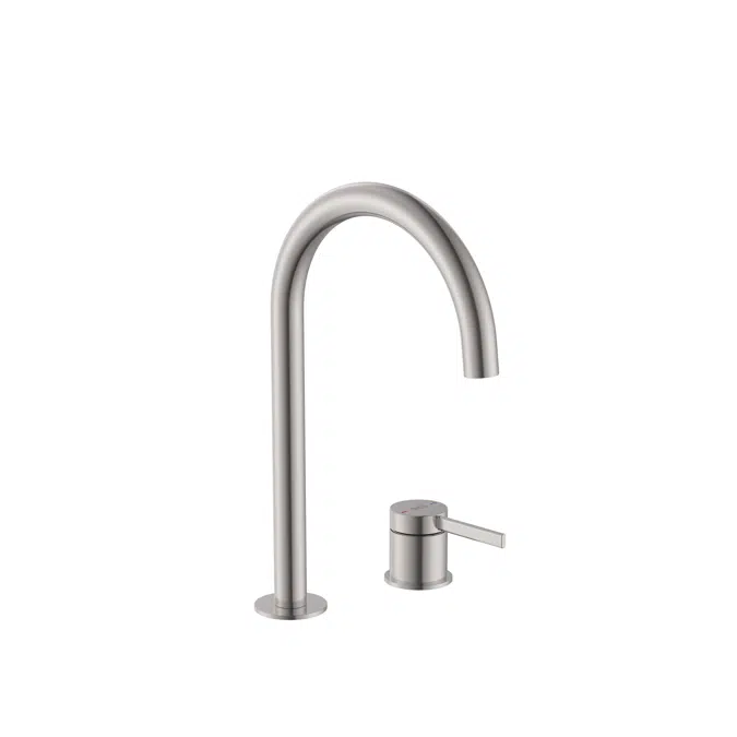 Ona Basin mixer with deck-mounted lateral handle and smooth body, click-clack waste and flexible supply hoses. L-Size