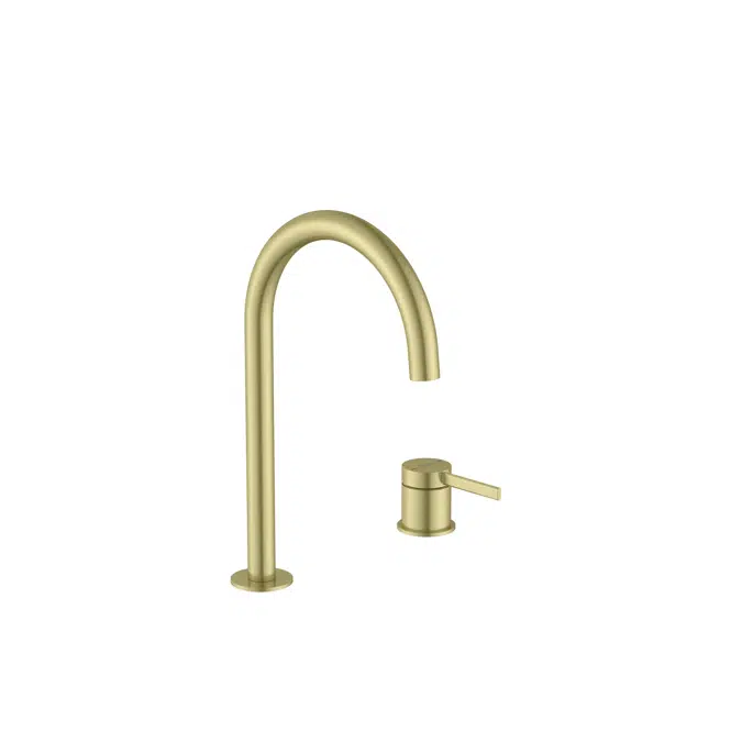 Ona Basin mixer with deck-mounted lateral handle and smooth body, click-clack waste and flexible supply hoses. L-Size