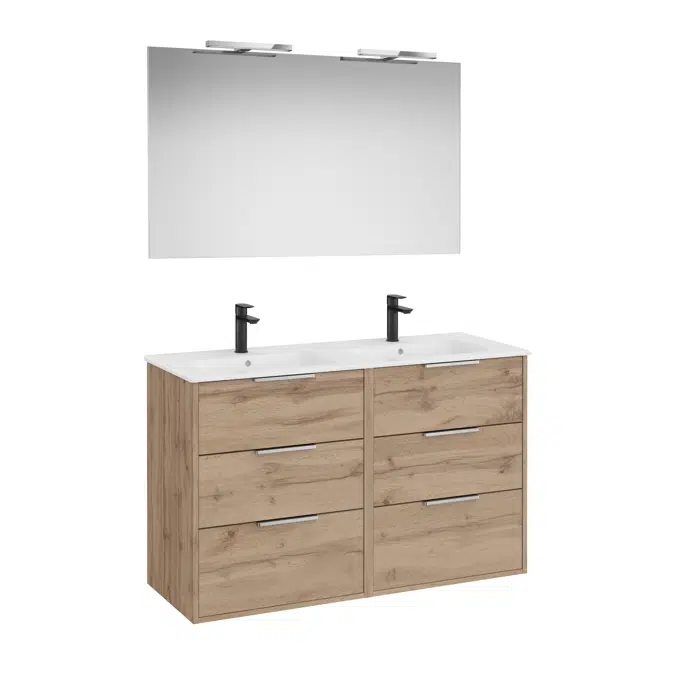 Optica Pack - Base unit with six drawers , double ceramic basin, mirror and LED spotlight