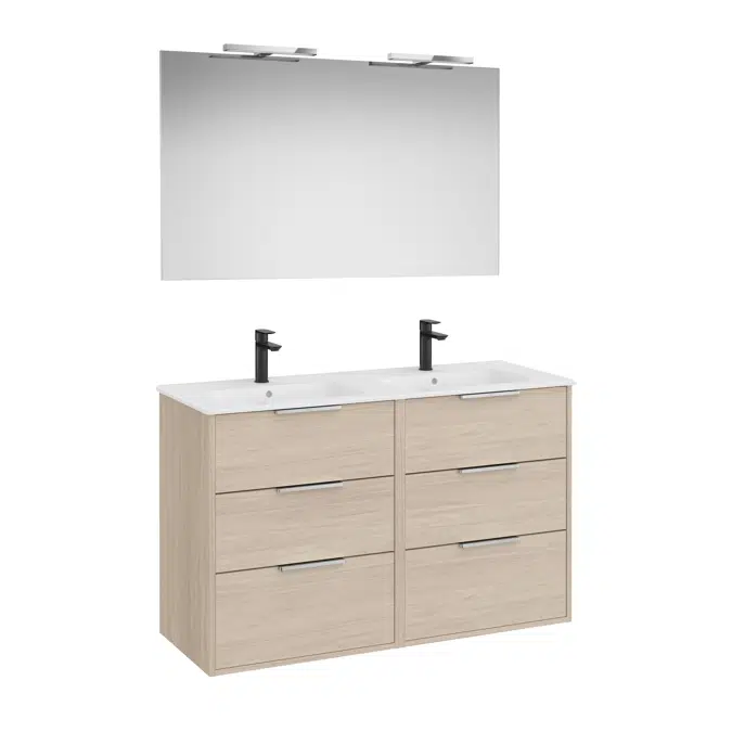 Optica Pack - Base unit with six drawers , double ceramic basin, mirror and LED spotlight