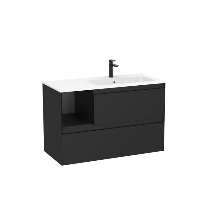 Tenue Unik (base unit with two drawers, one open module and Stonex® basin in matt white finish on the right)