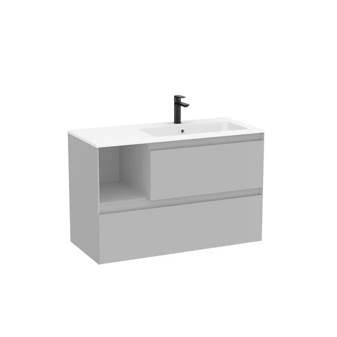 Tenue Unik (base unit with two drawers, one open module and Stonex® basin in matt white finish on the right)