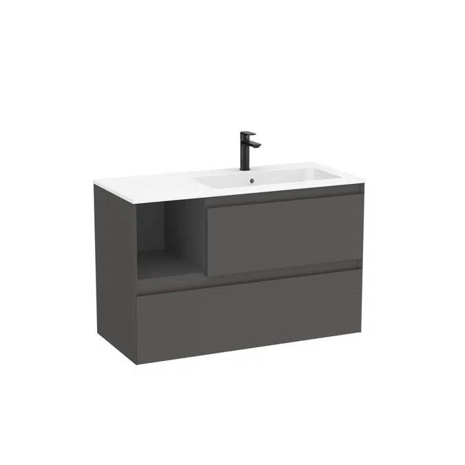 Tenue Unik (base unit with two drawers, one open module and Stonex® basin in matt white finish on the right)