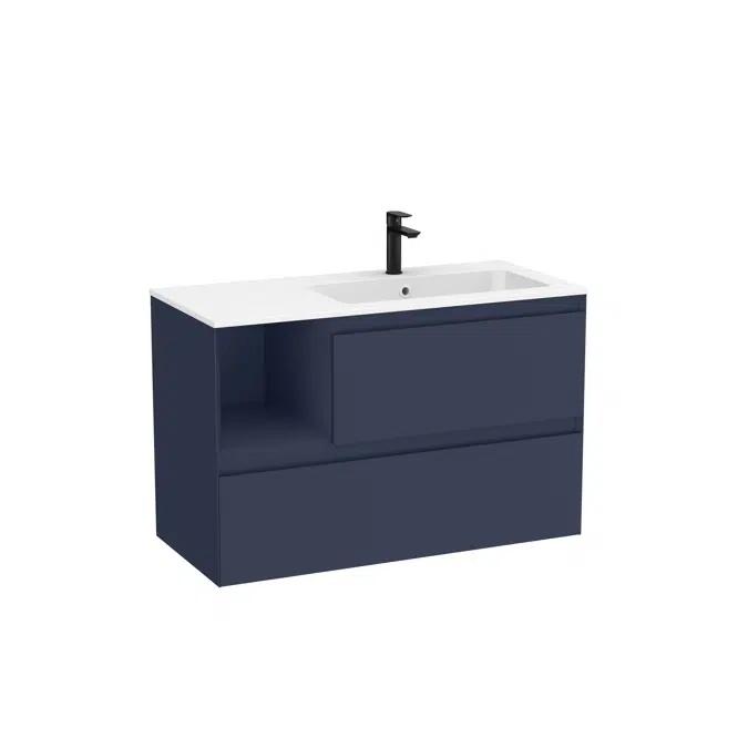 Tenue Unik (base unit with two drawers, one open module and Stonex® basin in matt white finish on the right)